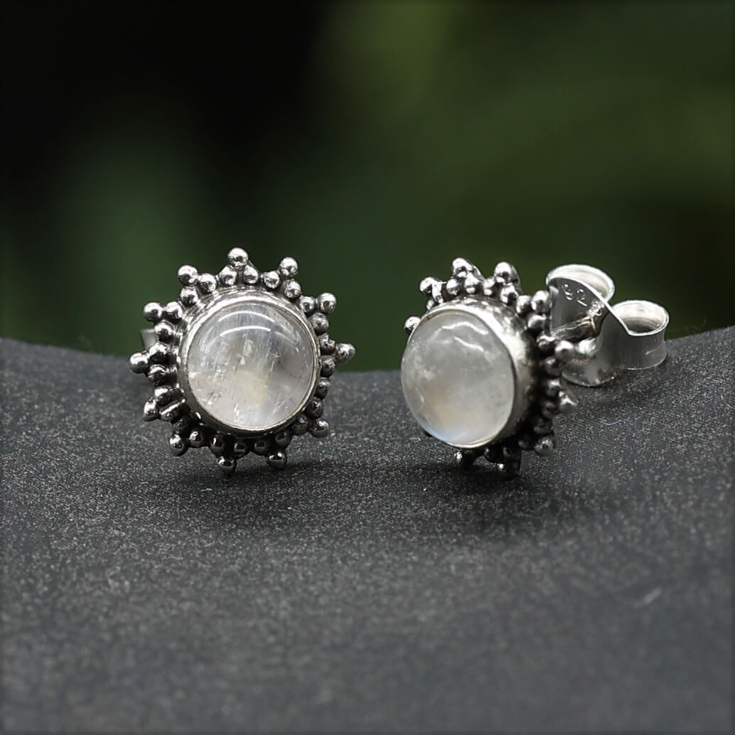 Mondstein Ohrstecker Sonne Edelsteinschmuck 925 Silber Ohrschmuck (Paar)