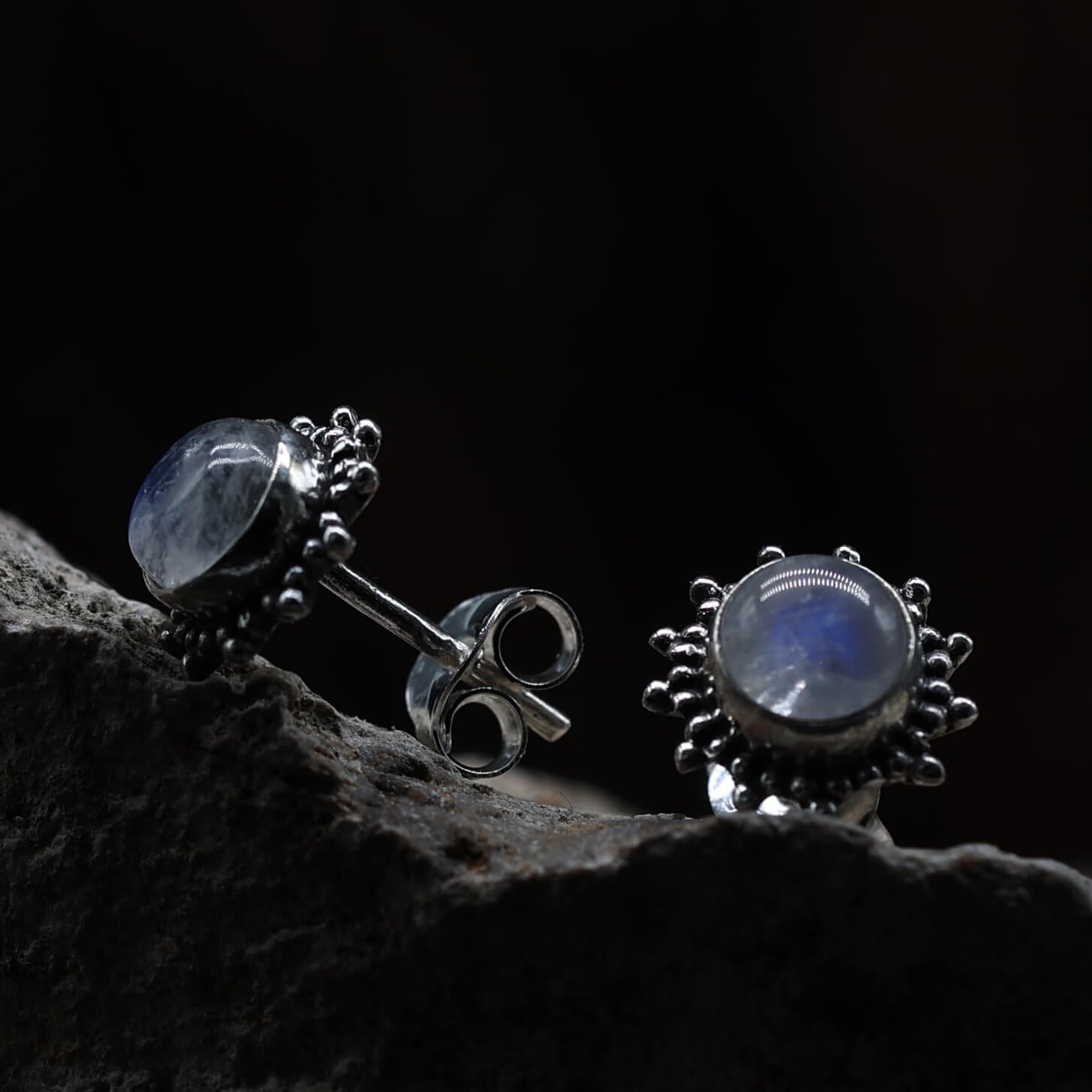 Mondstein Ohrstecker Sonne Edelsteinschmuck 925 Silber Ohrschmuck (Paar)