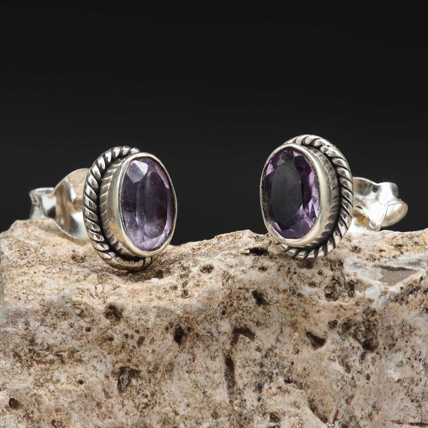 Damen Ohrstecker Edelstein Amethyst oval 925er Silber Ohrschmuck (Paar)