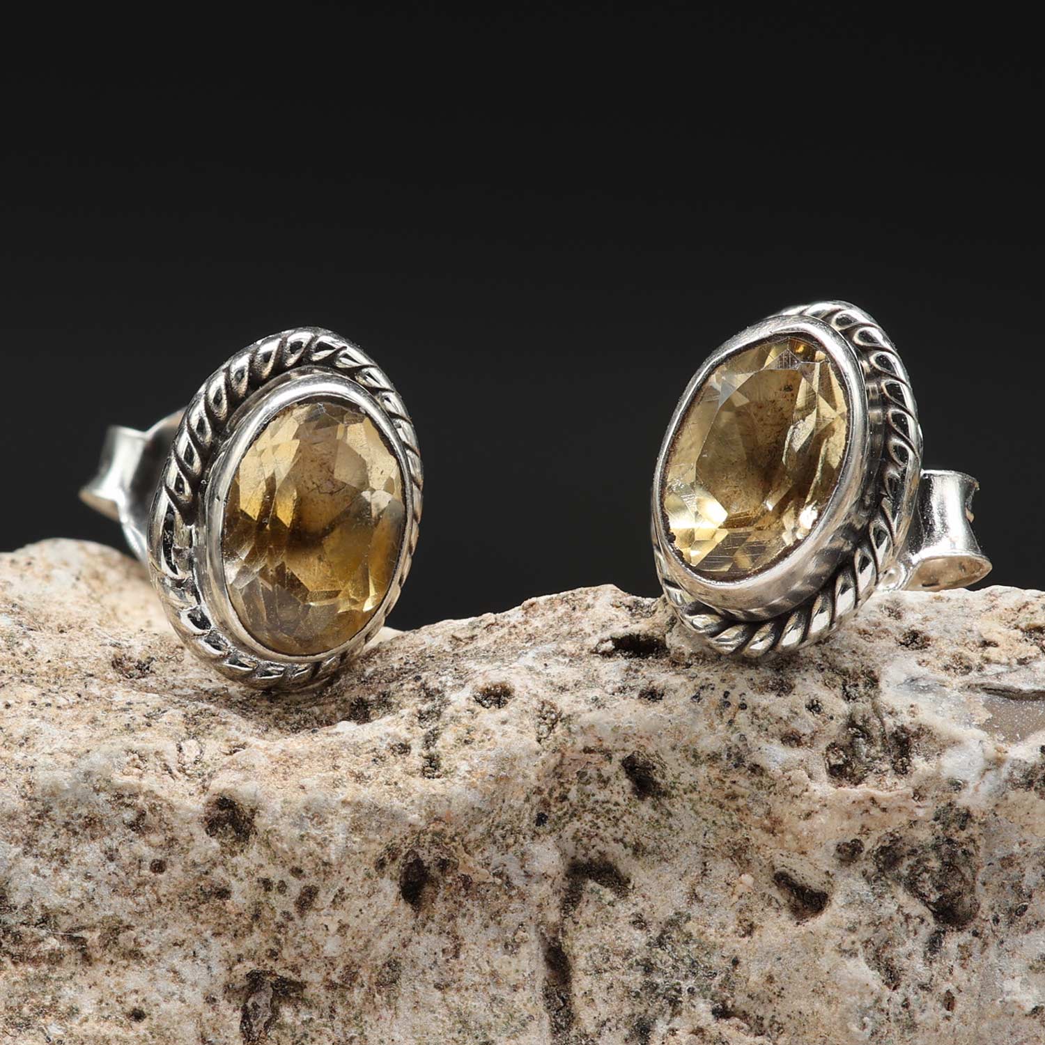 Damen Ohrstecker Edelstein Citrin oval 925er Silber Ohrschmuck (Paar)