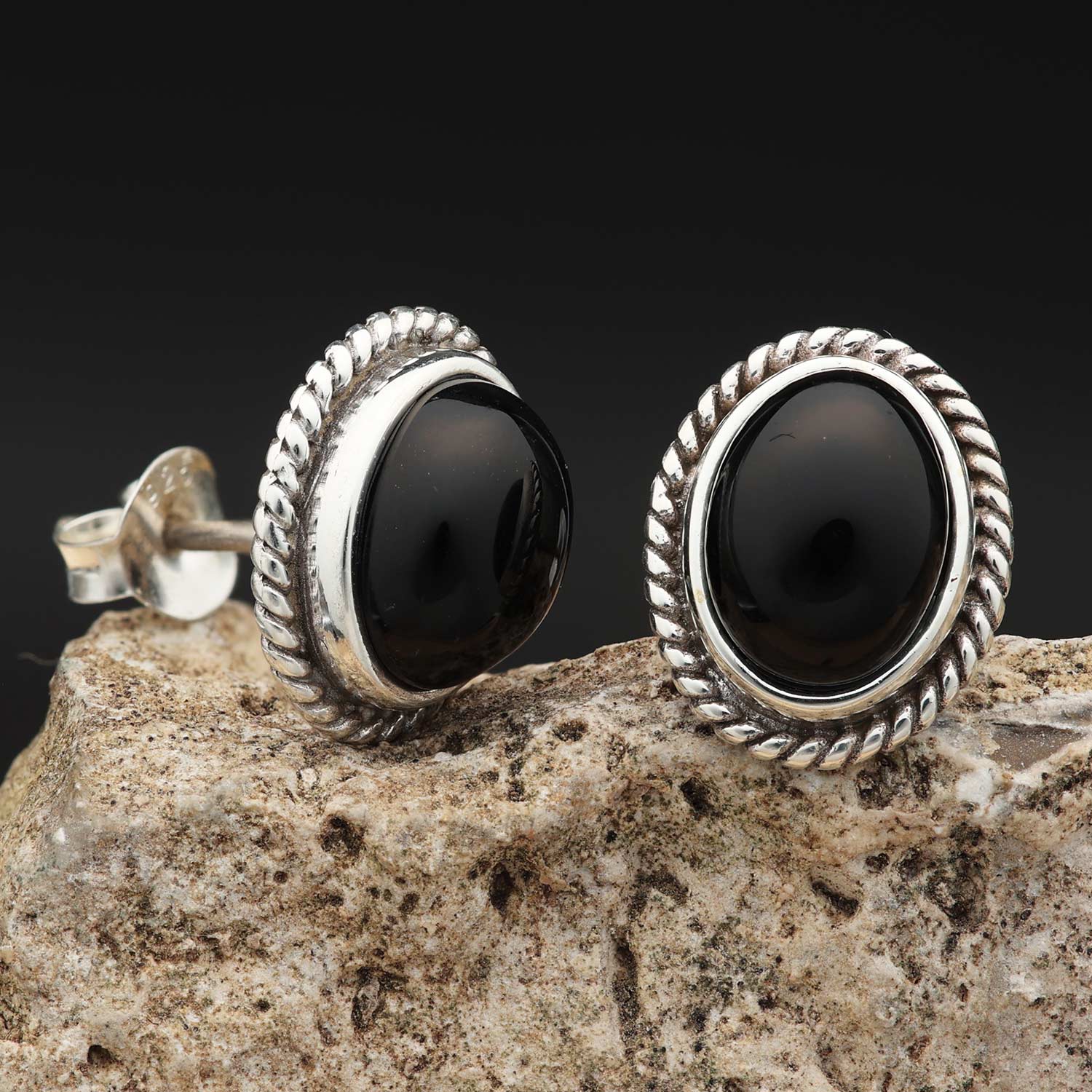 Ohrringe schwarzer Onyx edler Damen Ohrring oval 925 Sterlingsilber