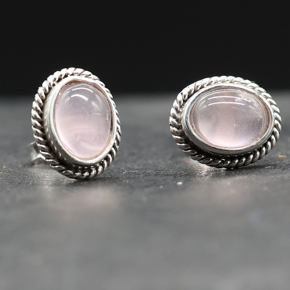 Rosenquarz OIhrringe oval edel verziert Damen Ohrschmuck Edelstein