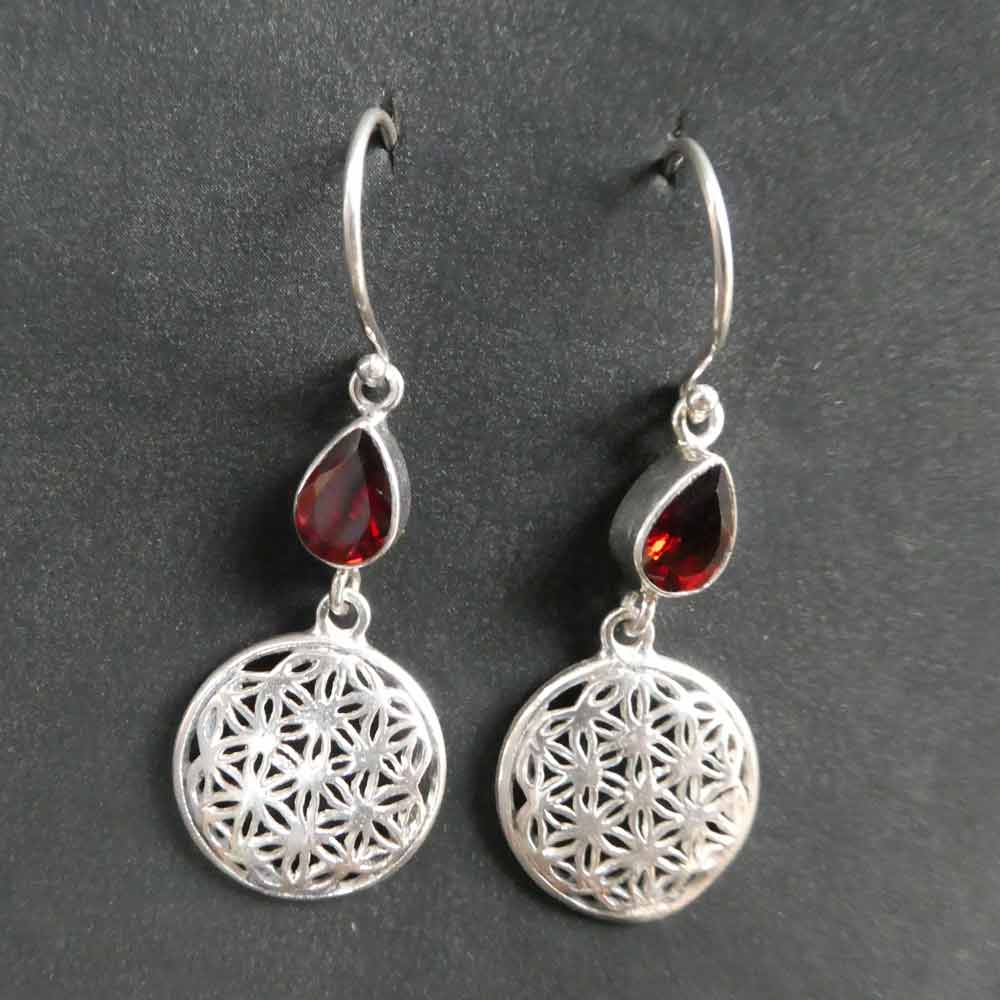 Granat Ohrringe Blume des Lebens Ohrhänger edler Silberschmuck