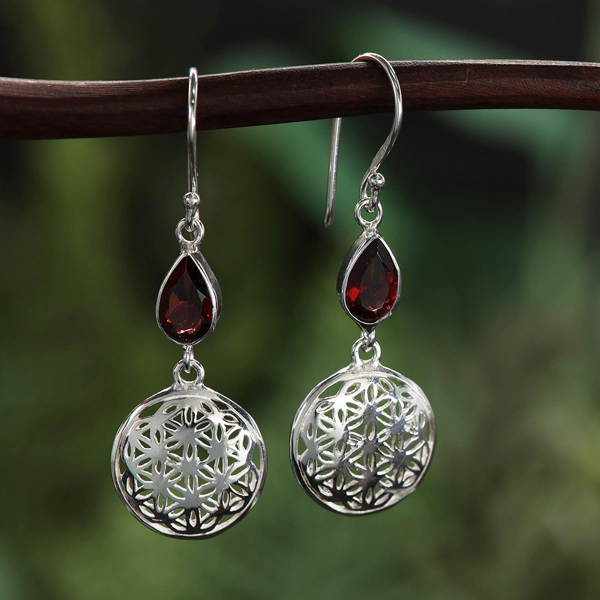 Garnet gemstone Flower of Life earrings, delicate pendants, 925 silver