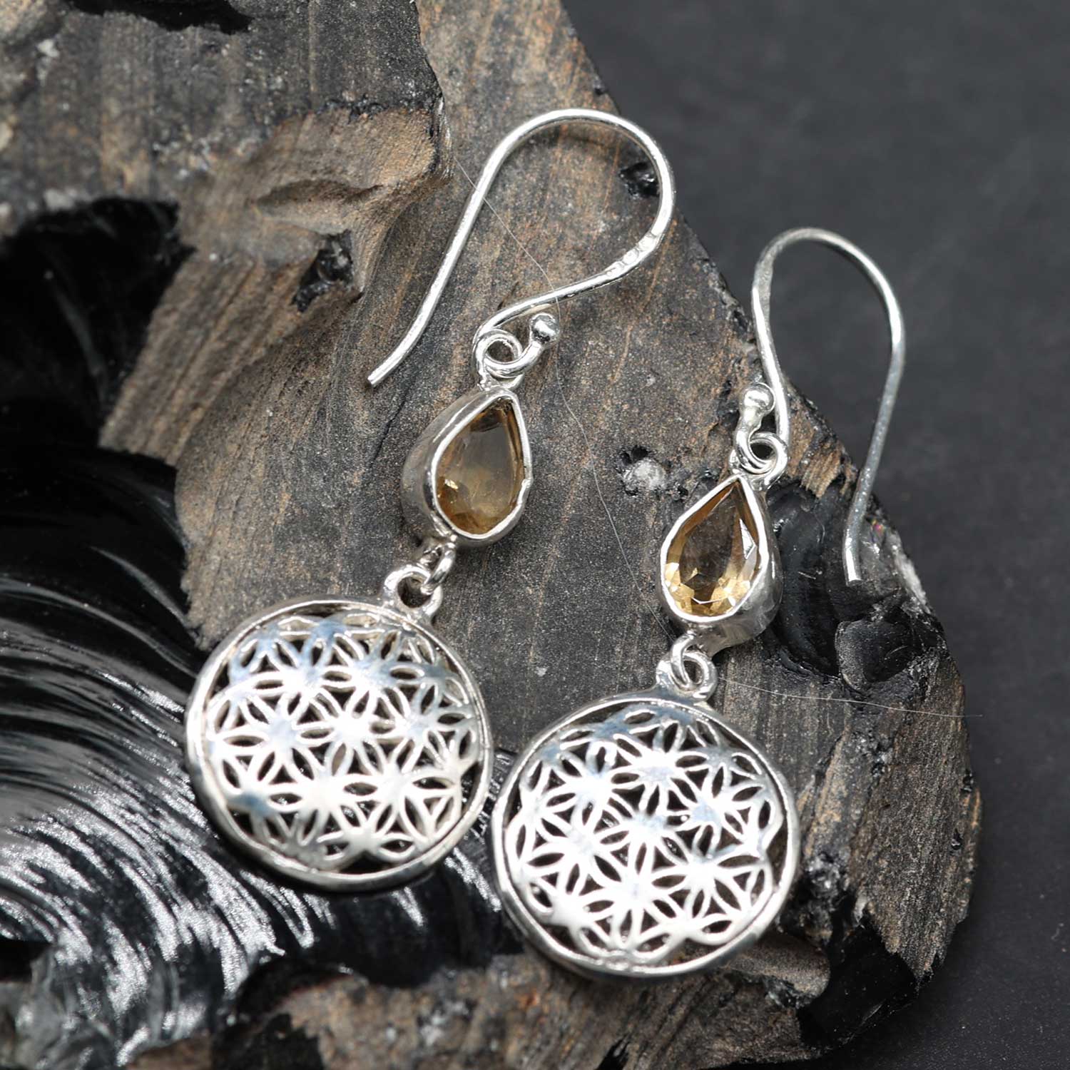 Citrin Blume des Lebens Ohrringe 925 Silber Edelstein