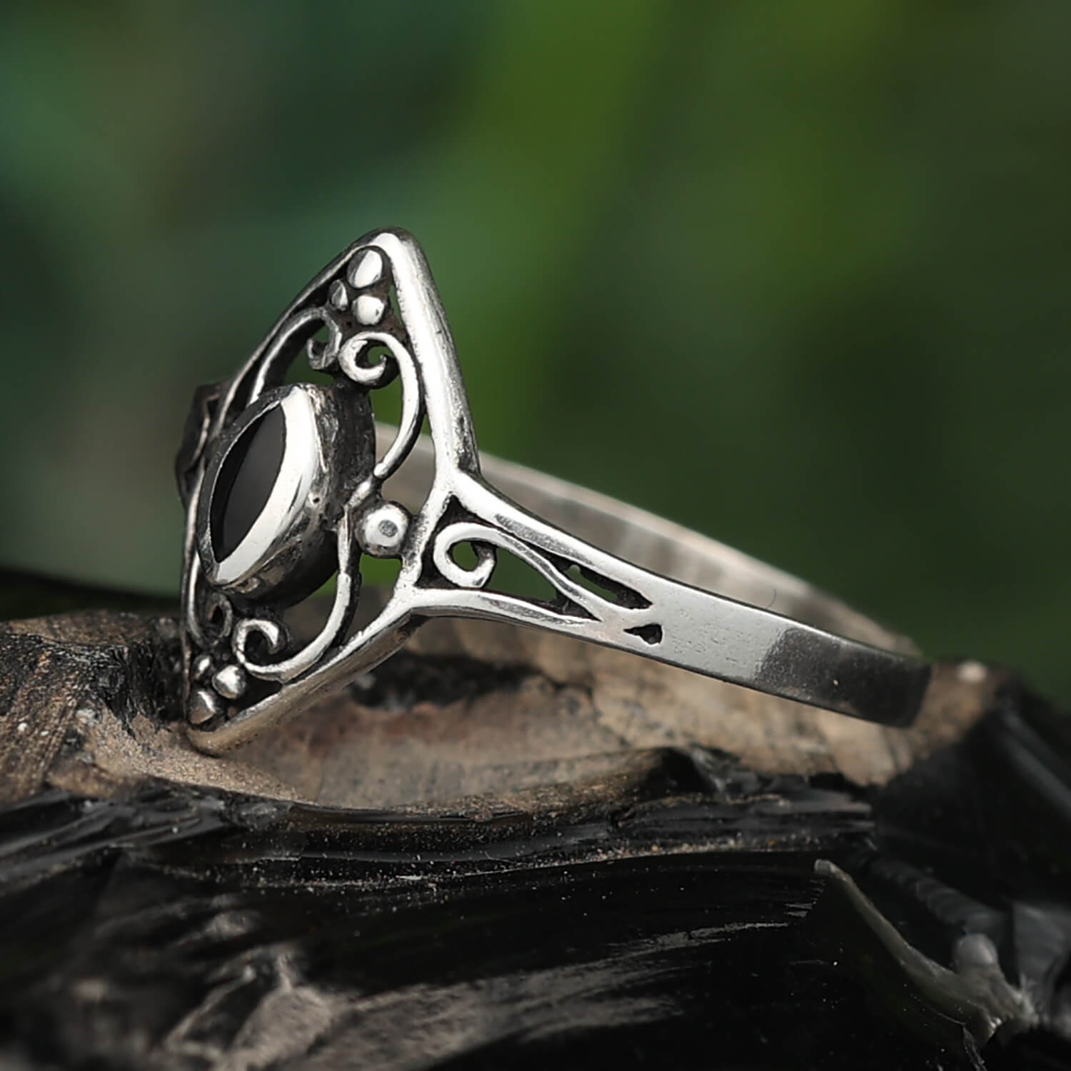 Ring Schmuck feiner Damen Silbering mit Onyx Ornament 925 Silber