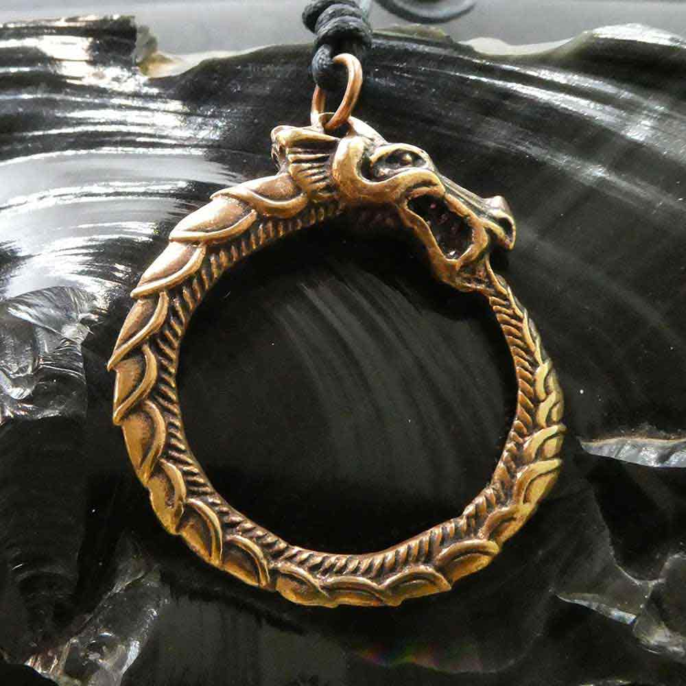 Weltenschlange Drachen Amulett Wikingeranhänger Lederschnur Bronze Glücksdrache 
