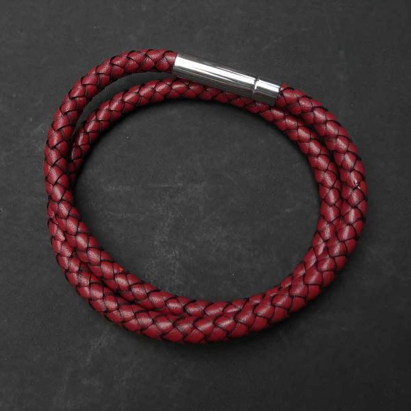 Geflochtenes Leder Armband Rot mit Klickverschluß aus Edelstahl