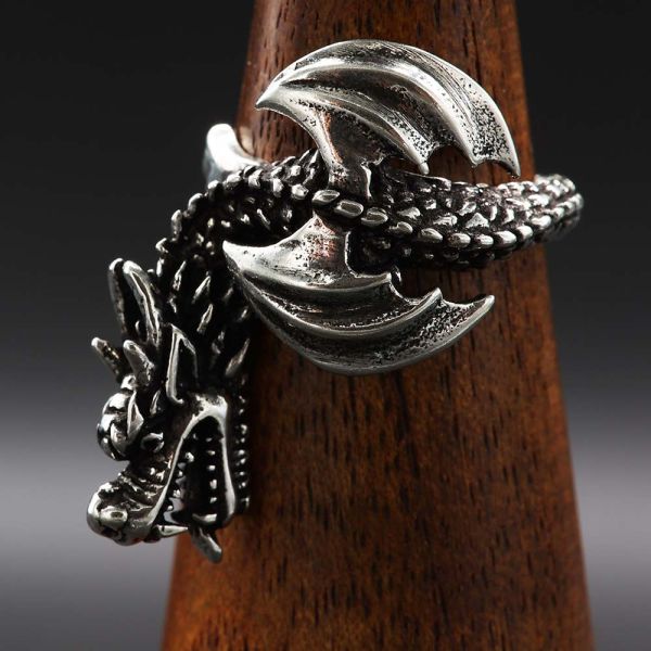 Ring Drachen 925 Silber groß und detailreicher Drache mit Flügel Schmuck 